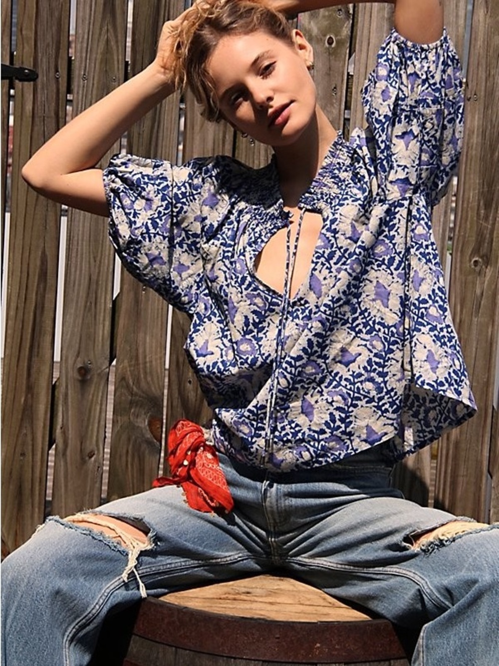 NWT Free People Willow Printed Blouse Blue Floral Boho Tie Neck Size S